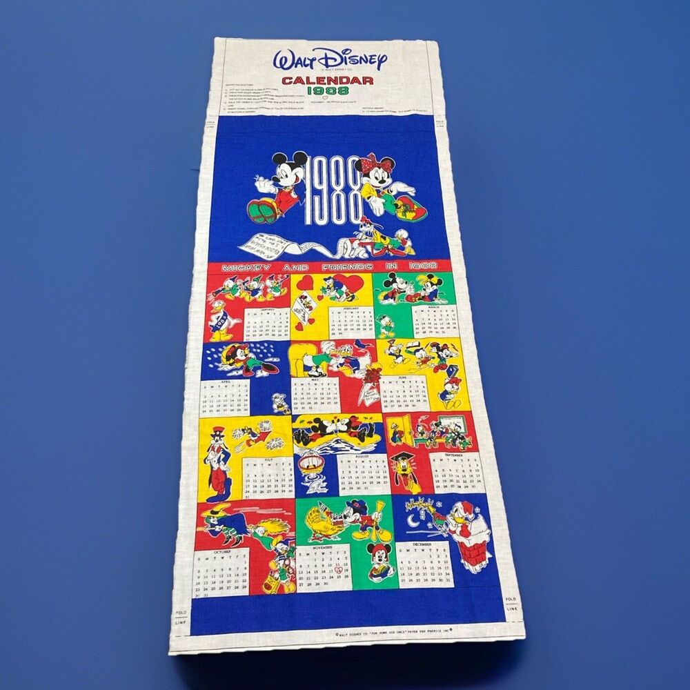 Vintage 1988 Walt Disney Mickey Minnie Mouse Fabric Calendar Craft Panel
